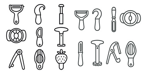 Collection of kitchen utensils are shown in a black and white style. The utensils include a peeler, a grater, a knife, and a spoon. Concept of organization and order