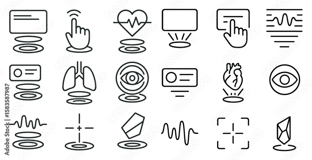 Poster set of icons for a computer program. the icons include a heart, a lung, a heart with a broken line, 