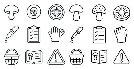 Set of icons for various items, including a mushroom, a skull, a basket, a book, a shopping basket, a bottle, a knife, a glove, a pen, a clipboard, a shopping cart, a hand, a fork,