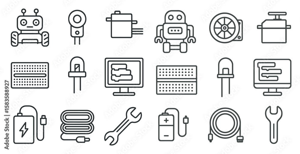 Fototapete Collection of robot icons, including a robot with a wrench, a robot with a screwdriver, and a robot with a computer