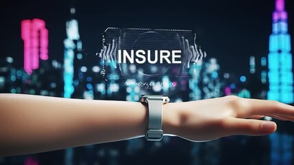 Futuristic Smartwatch Interface with Insure Text Overlay and Cityscape Background - Powered by Adobe