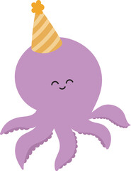 A cheerful cartoon octopus wearing a party hat, illustrated in a soft and playful style. Ideal for children's party designs, sea-themed graphics, and marine animal clipart collections.