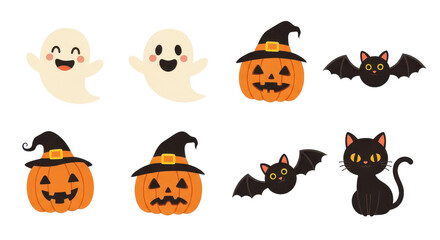 Ghosts, Pumpkins, Bats, and Cats in Playful Illustrations