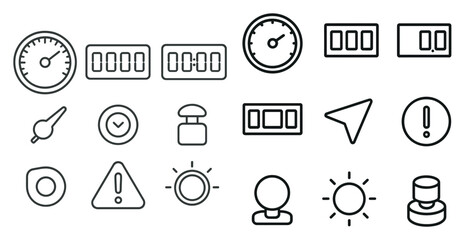 Collection of icons and symbols, including a clock, a speedometer, and a sun. Scene is one of organization and efficiency, with each symbol representing a specific function or piece of information
