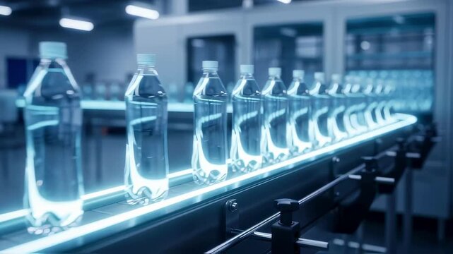 Transparent plastic water bottles gliding smoothly along brightly illuminated conveyor belt, showcasing precision and efficiency of modern bottling manufacturing process