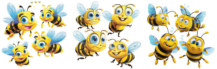 Fototapeta premium Group of cute cartoon bees flying and buzzing around isolated on transparent background