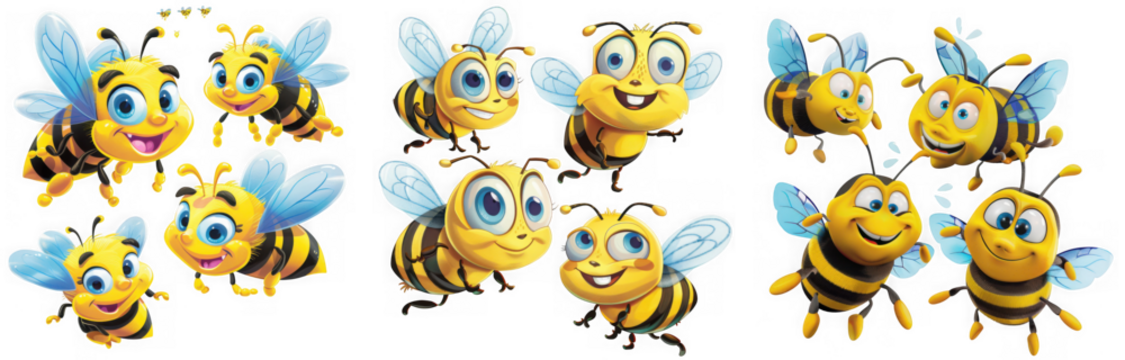 Group of cute cartoon bees flying and buzzing around isolated on transparent background
