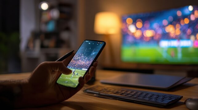 The smartphone displays a thrilling soccer match while a cozy atmosphere surrounds.