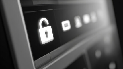 User friendly digital security concept with illuminated unlocked padlock icon on screen showing access granted