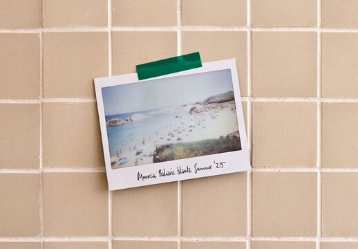 Mockup of Polaroid taped to a tile wall with green tape