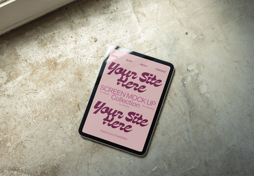 Mockup Template Showcasing Tablet on Light Gray Surface