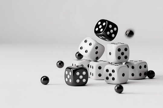 Black and white dice and spheres scattered on a white surface image