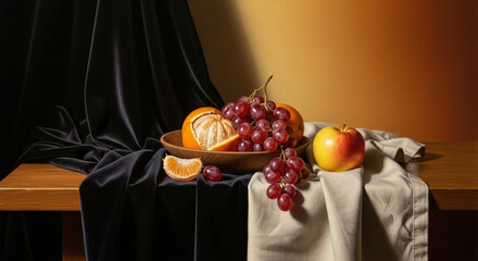 Still life photography of fresh fruit arrangement on wooden table with cloth and dark background