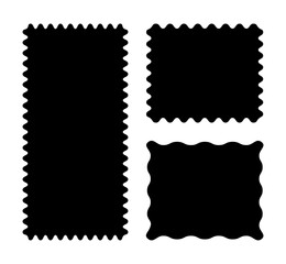 Set of flat rectangular patterns with squiggly borders. Wave curve edge black frames. Trendy tags, empty text boxes, labels, stamps, crackers, coupons with curvy, squiggly, wiggly, wavy edges.
