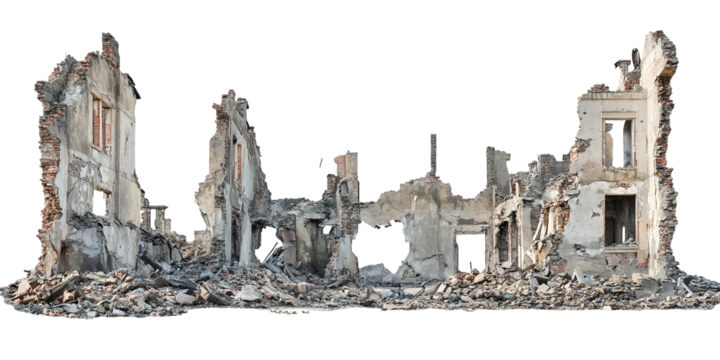 Crumbling facade of an old damaged building isolated on white transparent background