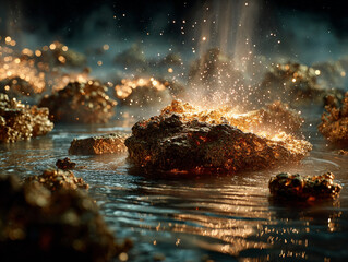 Golden uranium ore glowing with nuclear energy sparks in water, showcasing advanced power technologies in dramatic natural setting