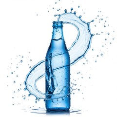 Blue glass bottle with dynamic water splash and droplets isolated on white background