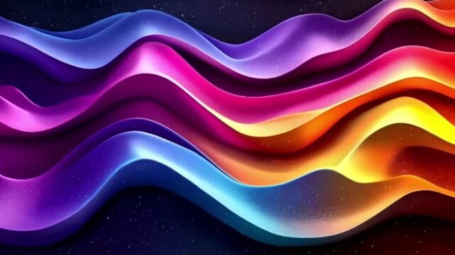 Wavy layers of color morph from purple to yellow against a dark backdrop sprinkled with small bright dots
