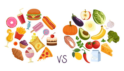 Healthy food vs junk food. Fast food and sweets vs. healthy organic food. Health care. Vector illustration on white background