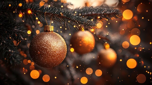 Christmas ornament on a tree branch, golden lights bokeh