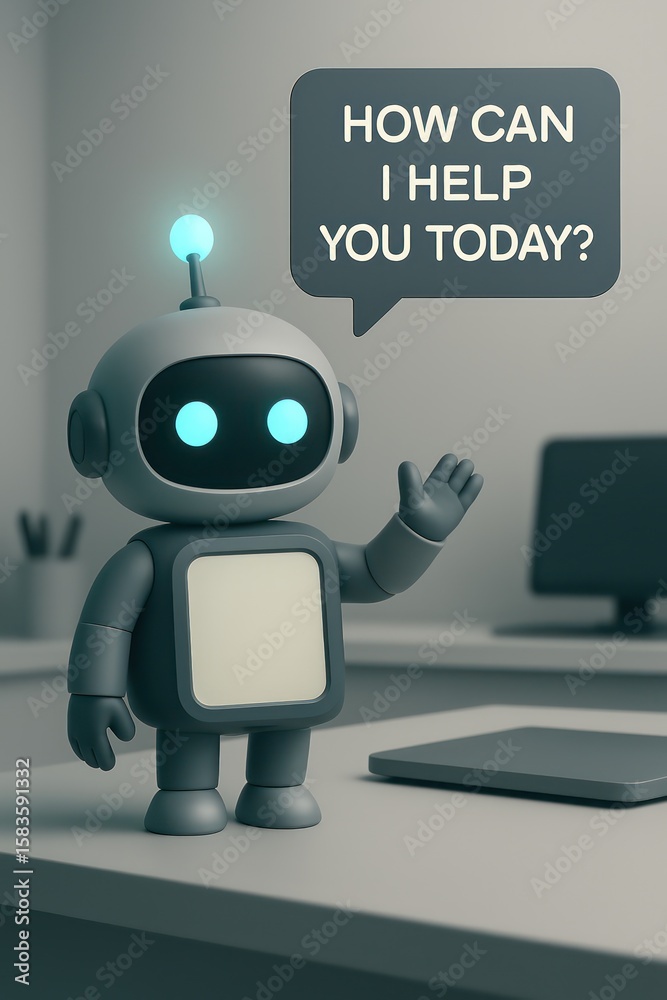 Poster an inviting robot with a speech bubble offering assistance in a modern workspace. capturing the esse