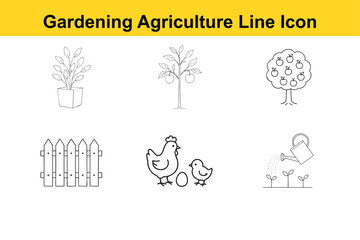 Collection of Agriculture and Gardening Line Icons Depicting Plants Animals and Tools for Farming and Cultivation