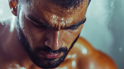 intense closeup of athletic middle eastern man with water droplets on skin, conveying determination and focus. fitness and wellness, sports, motivational poster, gym branding.
