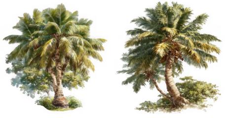 Two palm trees with lush green foliage and textured trunks isolated on transparent background
