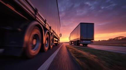 The trucks speeding down the highway during a stunning sunset.