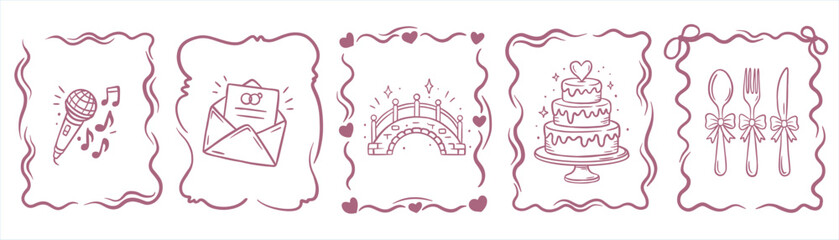 Charming wedding vector icons in pink heart-framed style: music, rings, cutlery, cake, envelope, bridge. Ideal for romantic stationery, planners, and invitations