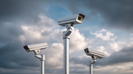 The security cameras standing tall against a cloudy sky in an urban setting.