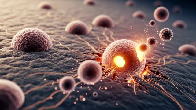 Energy particles are exiting from a bursting cell surrounded by other inactive cells, perhaps representing a virus attack or a medical treatment