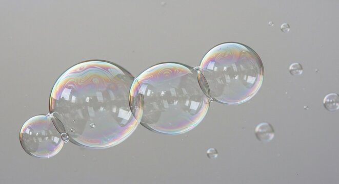 Colorful Soap Bubbles Floating in Light Gray Background