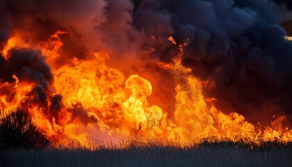 vivid explosion of fire with dynamic flames and thick smoke cloud in bright orange