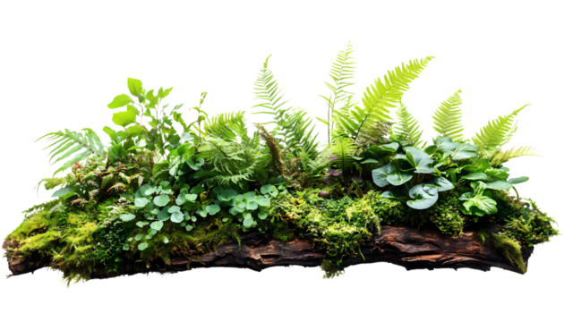 Green Landscape with Moss and Plants on Wood Base isolated on transparent background