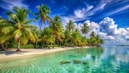 Fototapeta premium Serenity at Tropical Paradise: Coconut Trees Swing Over Clear Turquoise Waters and Soft Golden Sand 