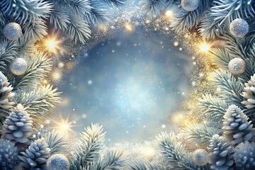 Frosted pine branches adorned with glittering ornaments and soft bokeh lights create a festive winter wonderland frame