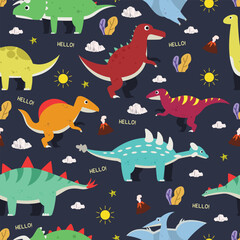 Seamless Cute Dinosaur Pattern on Dark Background