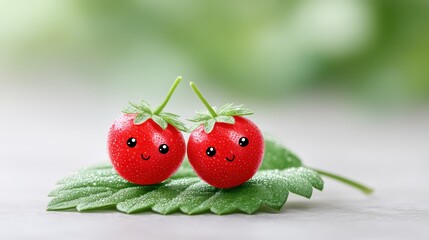 Whimsical encounter, two red strawberries with expressive eyes and lush green leaves