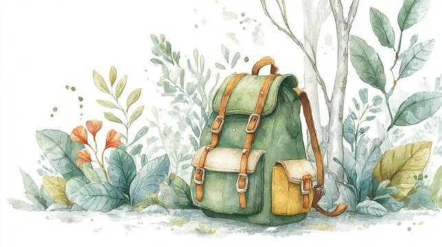 Backpack ready with eco choice on forest path representing sustainable adventure
