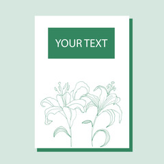 Card with green twigs and flowers. Hand-drawn vector illustration for wedding, invitation or greeting card.