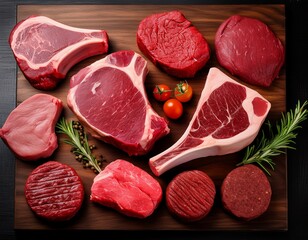 various raw beef cuts including steaks a t bone and burger patties on a wooden board