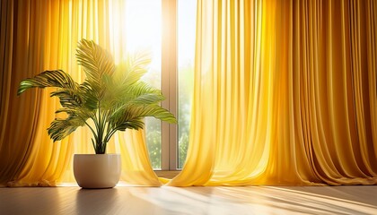 sunlight streams through yellow curtains illuminating a potted plant on a sunny day in a bright room