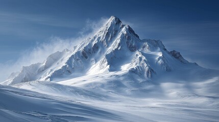 Snow-covered mountain with a clear blue sky and swirling clouds