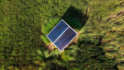 overhead view of a small square solar panel array on green grass for renewable energy