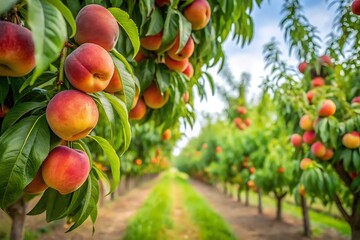 Row of peach trees with many ripe peaches hanging from the branches