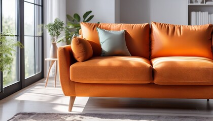 modern orange vinyl couch in bright interior stylish design contemporary living room sunlit atmosphere