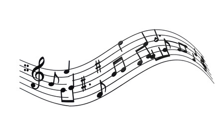 Crisp, black music staff with precise quarter notes, eighth notes, clefs, and rests in a wavy pattern on a transparent, shadowless background. Concept of musical composition