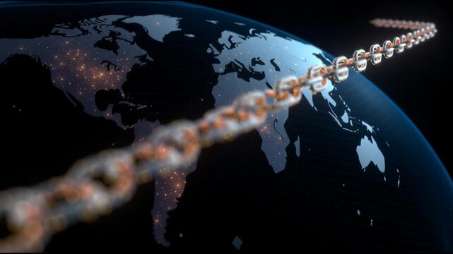 Global Connection: A luminous chain gracefully encircles a digital globe, symbolizing the interconnectedness of a modern, technologically-driven world.