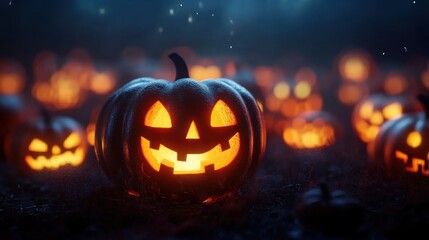 Halloween pumpkins illuminated in the dark with glowing faces- set against an array of other pumpkins lighting up at night- creating a spooky and festive atmosphere.